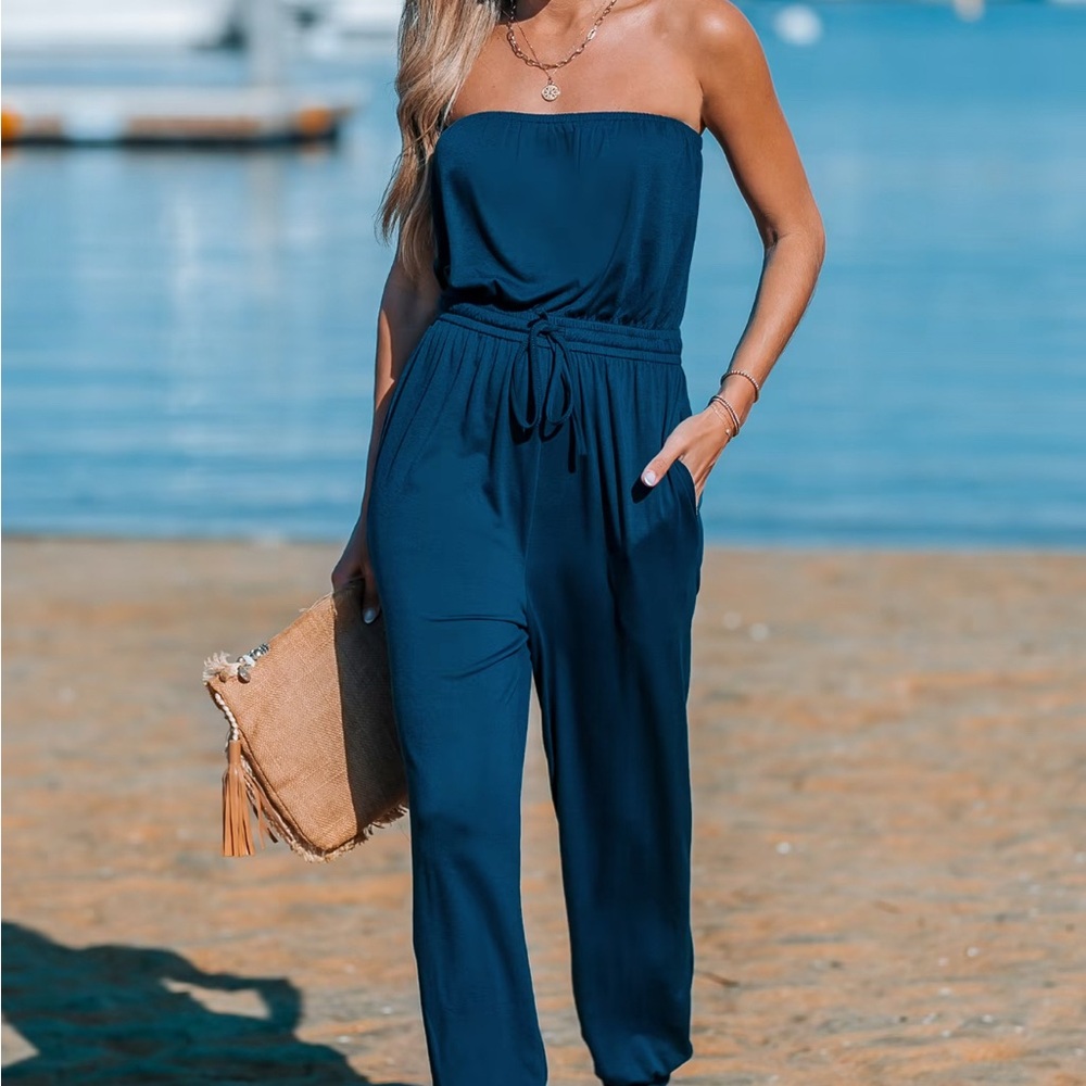 Cupshe Strapless Blue Jumpsuit NEW